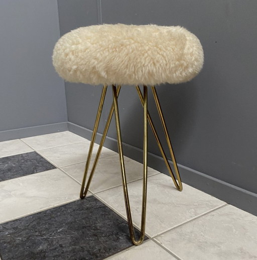 wool top brass small stool 1960s Sheep skin top