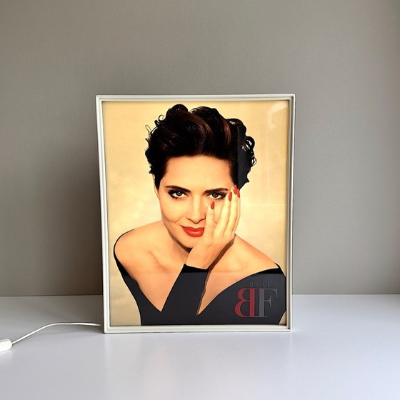 Image 1 of Vintage Leuchtreklame . Belfe . Isabella Rossellini . Opticart . Deutschland . Werbetafel . 80er . Leuchtdisplay . Leuchtkasten