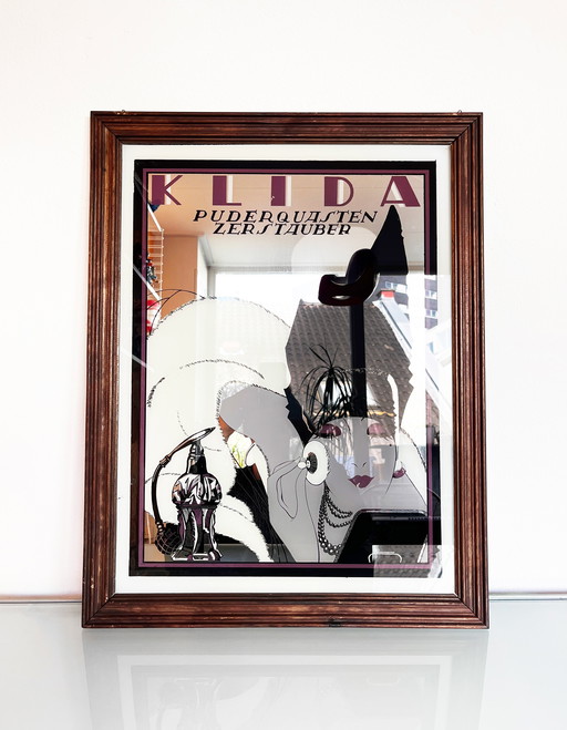 Vintage Art Deco Klida Puderquasten Zerstauber Advertising Mirror