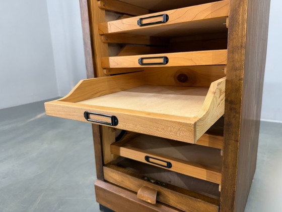 Image 1 of Art Deco Beech Tambour Office Cabinet, Czechoslovakia 1940s