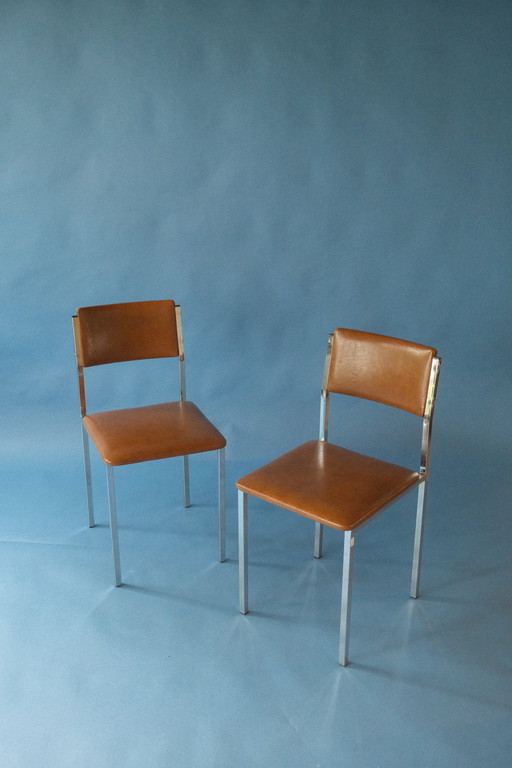 Ensemble de deux chaises vintage à structure chromée en brun cognac chaud