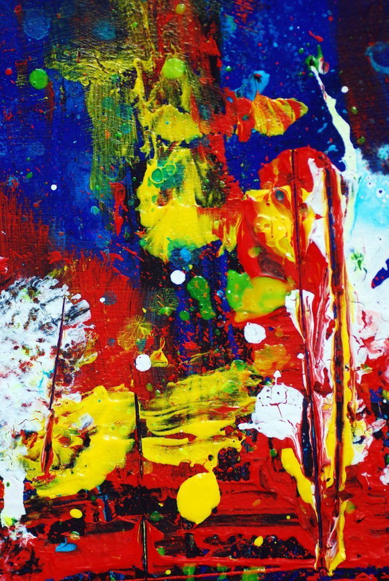 Image 1 of Abstract blue and red colors acrylic painting on stretched canvas