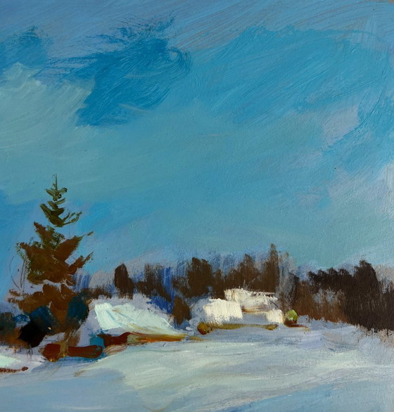 Image 1 of Original Oil Painting Winter Village Landscape Along the snowy path