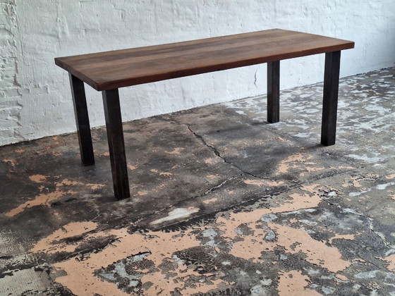 Image 1 of Tavolo da pranzo brutalista in teak e acciaio patinato di metà secolo, anni '60