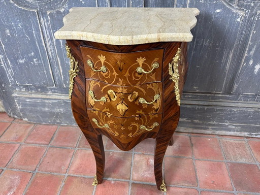 Louis XV marquetry commode with gilt bronze mounts and marble – late 19th century