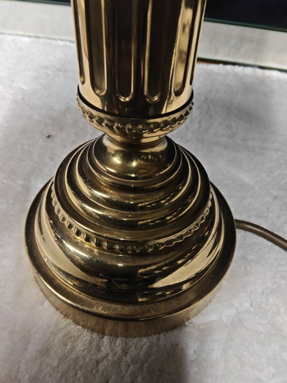 Attractive Vintage Table Lamp in Hollywood Regency Style, Metal, Textile, Gold (photo 8 of 8)