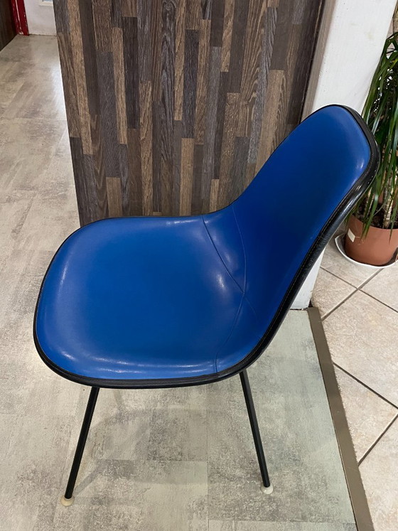 Image 1 of DSX chair, blue fiberglass, vinyl upholstery, Eames Herman Miller vintage 70s