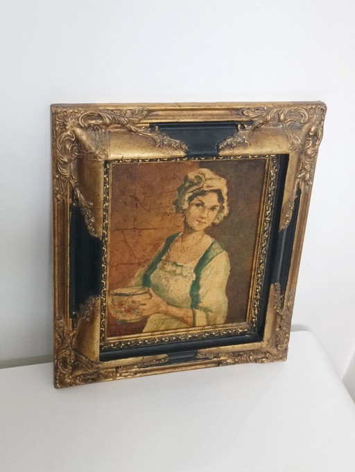 Oil on canvas, Michel Capron, Young Woman with a Bowl, France, circa 1950