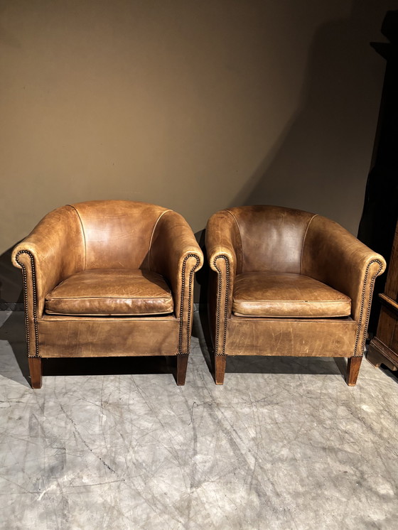 Image 1 of Cognac Bruine Runderleren Clubfauteuils-Vintage