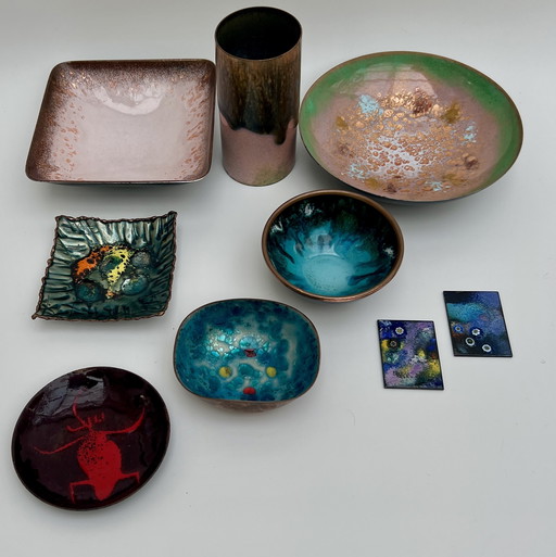 Mid-Century Copper Enamel Collection of Handcrafted Bowls & Vases (9 pieces)