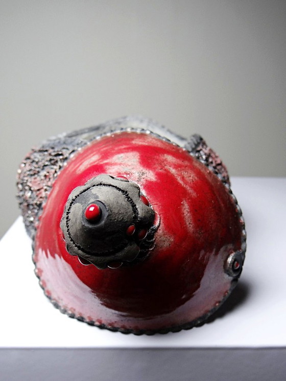 Image 1 of Vintage 2000s handcrafted raku jewelry box in red and grey