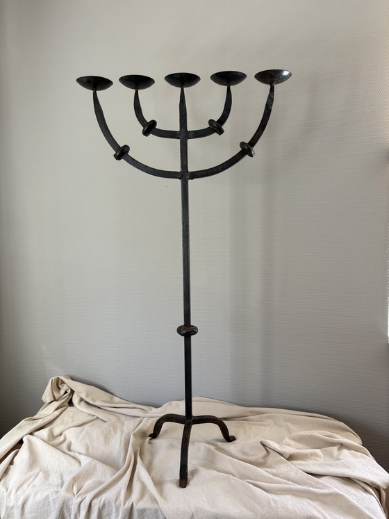 Image 1 of  Vintage brutalistische smeedijzeren 5armige kandelaar h90cm