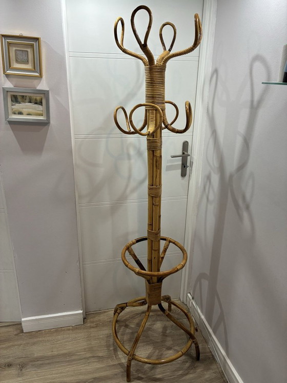Vintage Italian Bamboo Coat Stand 1970s Spiral Design 177 cm Tall, Coat racks, Brown (photo 5 of 6)