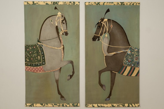 Image 1 of Painted canvas depicting a brown-coated Indian horse in profile. Contemporary.