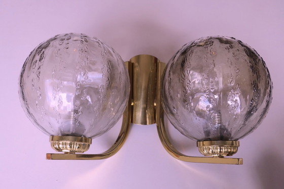 Image 1 of Mid Century Pair of Brass and Glass Double Wall Lights, 1970s