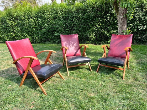 Tre sedie retrò con rivestimento rosso vino e nero – Poltrone, Legno (photo 2 of 6)