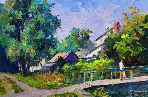 Origineel olieverfschilderij: Landelijk landschap, zomerdorp, over de brug in het bos.
