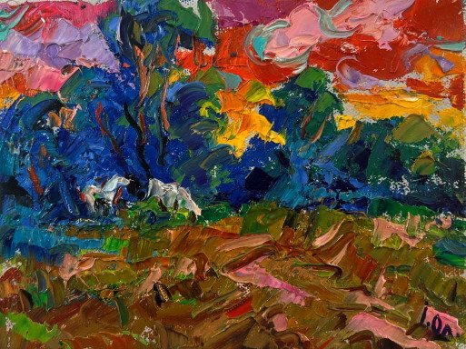 Original Oil Painting Sunset Forest Landscape Evening Nature