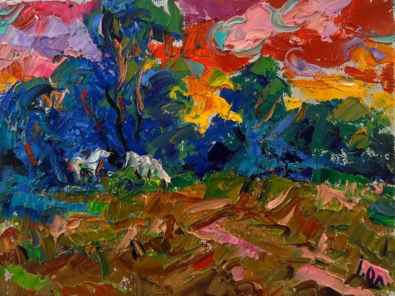 Original Oil Painting Sunset Forest Landscape Evening Nature – Paintings & Drawings, Canvas (photo 3 of 8)