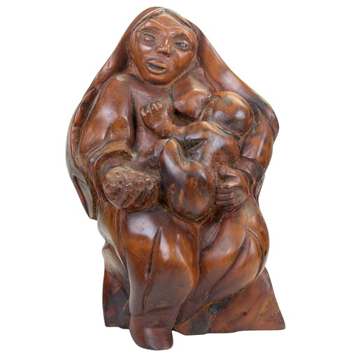 Expressive handgeschnitzte Madonna mit Kind aus schwerem Tropenholz