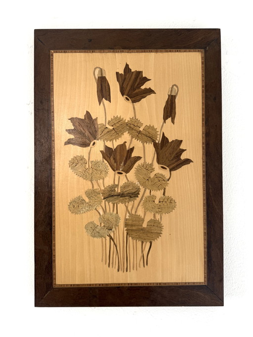 Vintage houten handwerk schilderij met klaprozen ‘60