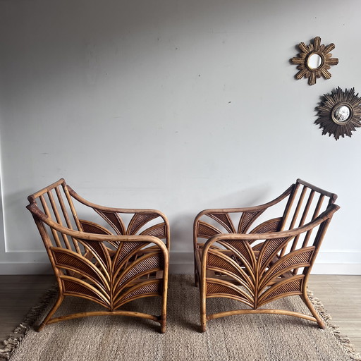 Lounge-Set mit Palmenblattmotiv, Sofa, 2 Sesseln und Tisch, Mid-Century-Stil