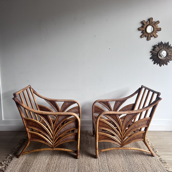 Image 1 of Lounge-Set mit Palmenblattmotiv, Sofa, 2 Sesseln und Tisch, Mid-Century-Stil