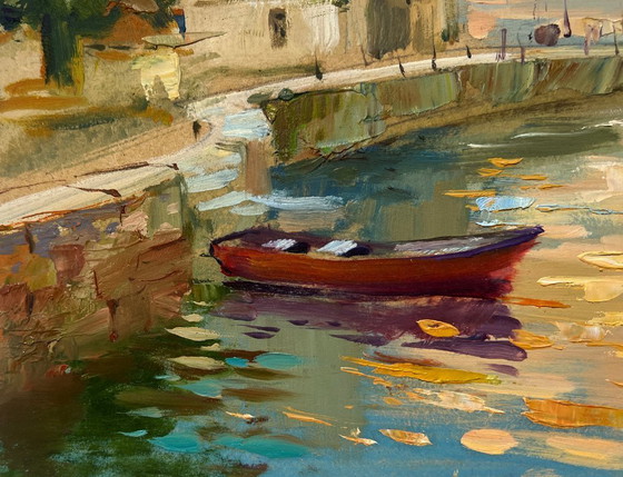Image 1 of Dipinto ad olio originale, Paesaggio costiero serale, Tramonto arancione sul mare