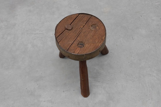 Image 1 of Brutalist French Solid Oak Tripod Stool with Metal Rim, 1850s