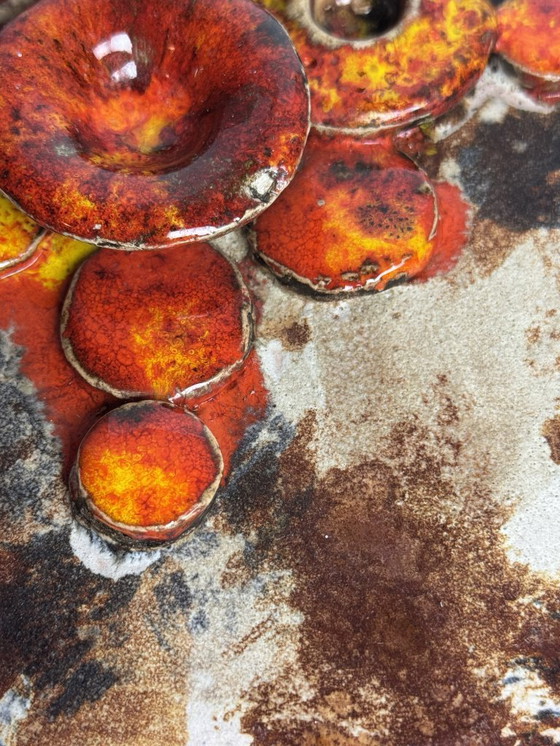 Image 1 of Mid-Century Design Ruscha Wall Tile Handpainted with High gloss orange tones combined with Matte Earth tones enamel. Germany,60s