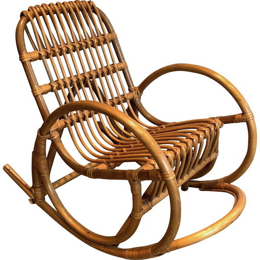 Sedia a dondolo vintage in rattan per bambini, Francia 1970