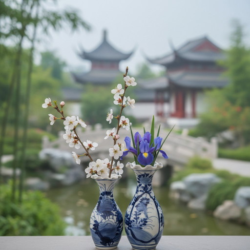 Porseleinen vazen met blauw-witte decoratie en gegolfde rand