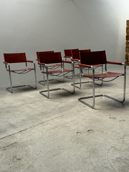 Set of 6 Mart Stam for Fasem "S34" Early Edition leather chrome cantilever red-brown, Italy 1960s