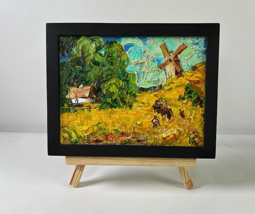 Original Oil Painting Summer House Landscape Noon in the village