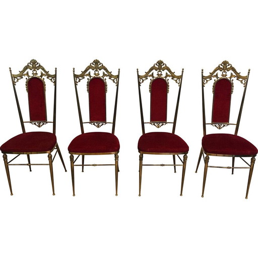 Set of 4 vintage brass and red velvet chairs