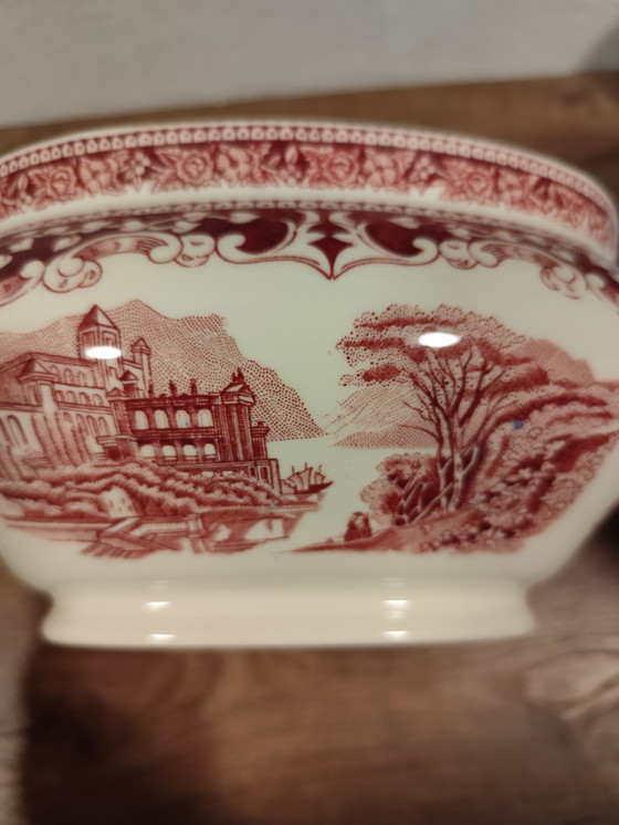 Image 1 of Antieke soepterrine, Old England, Cambridge Royal Swan / Engeland – Rood en wit – Vintage servies
