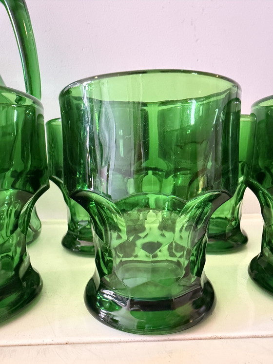 Image 1 of Juego italiano de vasos y jarra Bormioli verde esmeralda