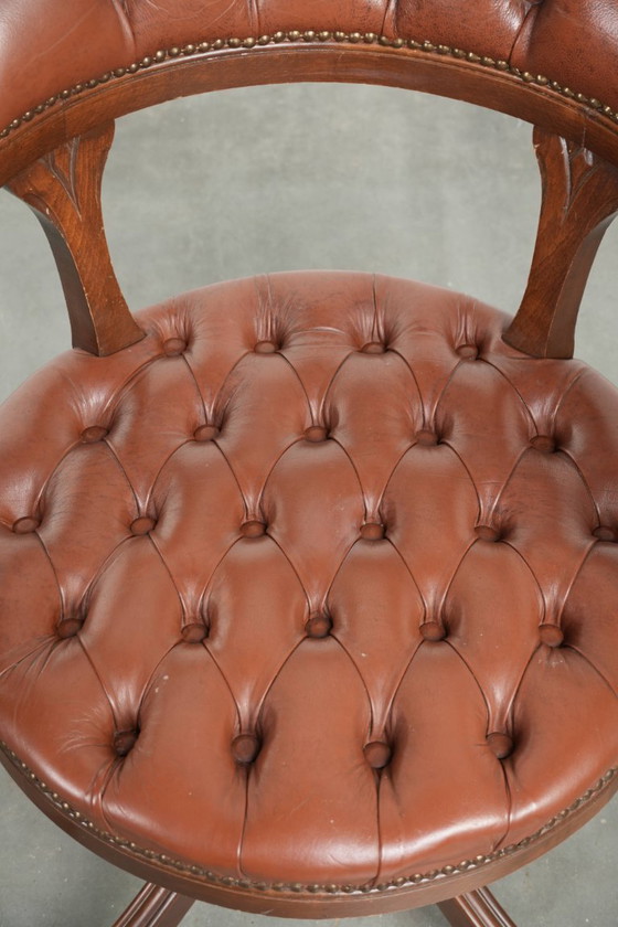 Image 1 of 2 x Swivel English Style Cowhide Leather Chesterfield Office Chairs in a Beautiful Brown Color