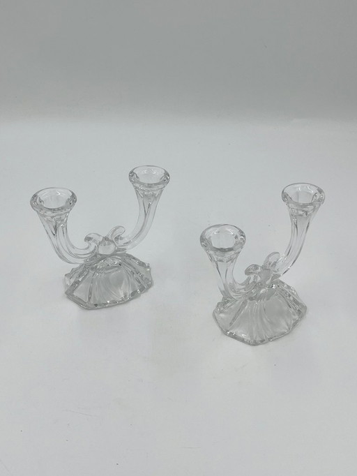 Duo of double glass candlesticks