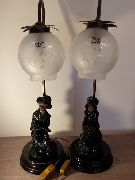Image 1 of Pair of Pinto & Fils porcelain lamps, signed Portugal logo