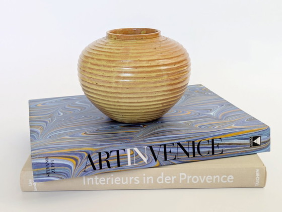 Image 1 of Vintage Studio Pottery Round Vase, Ribbed Golden Ochre Glaze, Artist Signed