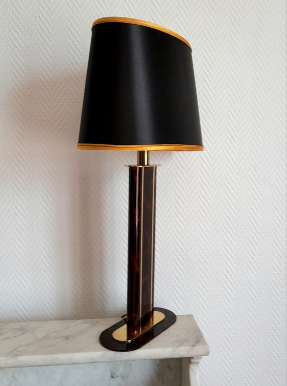Image 1 of Black and gold Hollywood Regency tortoiseshell lamp