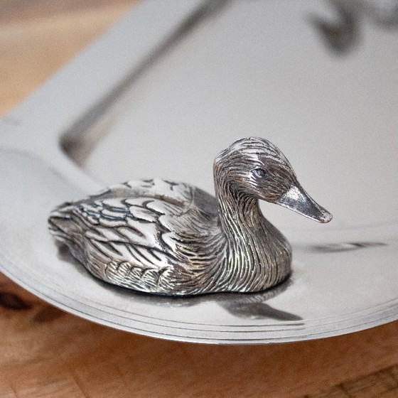 Vintage Silver-Plated 1960s French Foie Gras Dish: Duck-Shaped Handles and Art Deco Design (photo 9 of 10)
