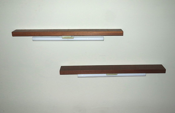 Image 1 of Twee Deense teakhouten planken met wandlampen, jaren 60