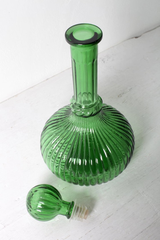 Image 1 of Vintage Emerald Green Glass Decanter / Rare Bottle with Stopper / Empoli / Italy / 1970s