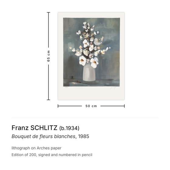 Image 1 of Franz SCHLITZ Bouquet de fleurs blanches Signierte Lithographie 1985