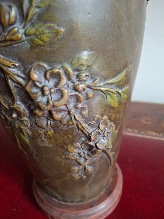 Image 1 of Pair of Art Nouveau spelter vases with triple patina, signed Louis and François Moreau