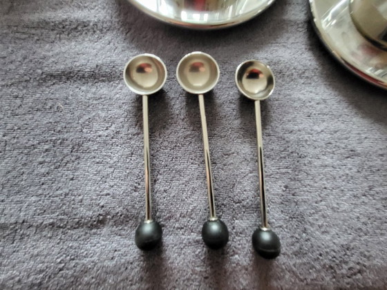 Image 1 of Alessi kettle, tea glasses, espresso glasses, milk, sugar, spoon, salt