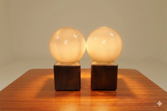 Image 1 of Pair of modern lamps opal glass & wood 