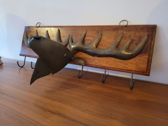 Image 1 of Vintage Wooden Coat Rack with Metal Moose – 6 Hooks
